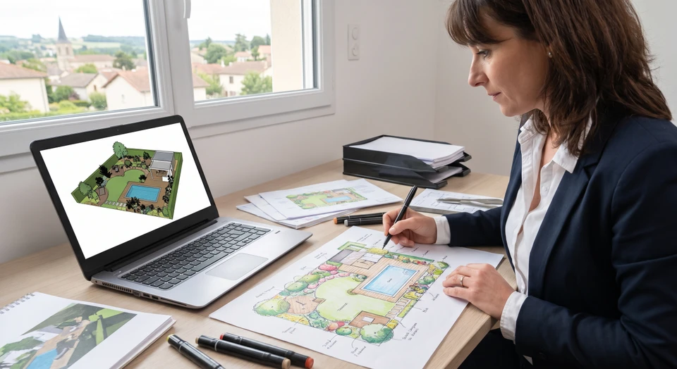 Femme professionnelle souriante travaillant sur ordinateur portable dans bureau moderne avec grandes fenêtres donnant sur immeubles urbains