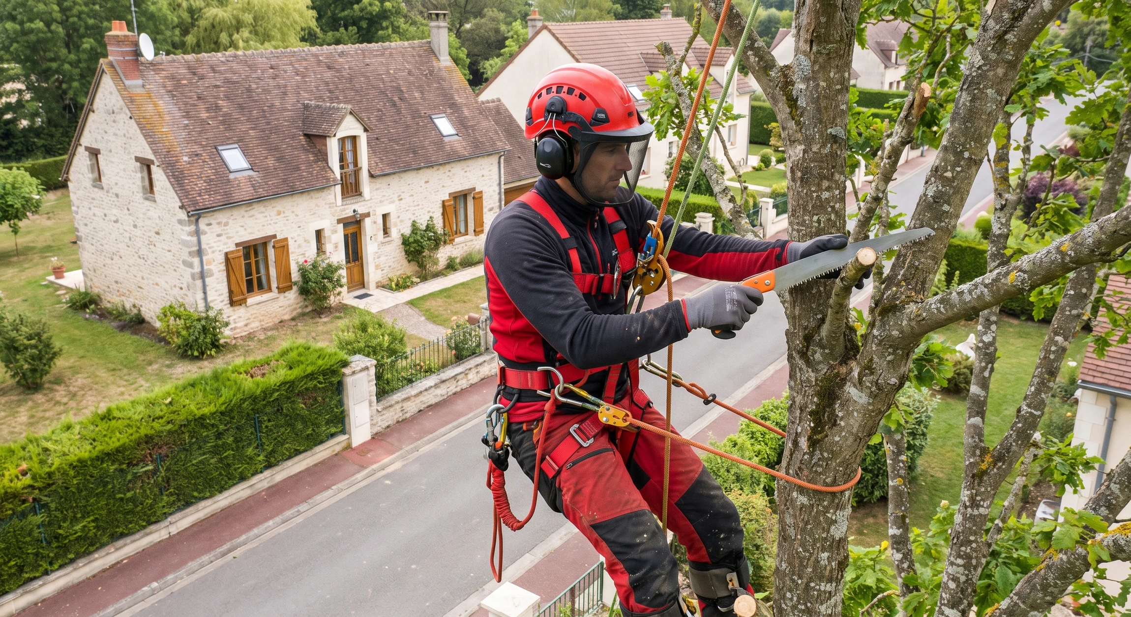 Élagueur professionnel équipé d'un harnais de sécurité rouge et de techniques d'accès sur corde, travaillant en hauteur dans un grand arbre feuillu en milieu urbain. L'ouvrier manipule les branches avec soin en utilisant des outils professionnels d'arboriculture. L'intervention se déroule près d'une habitation, montrant ainsi l'expertise de l'entreprise à intervenir dans des contextes résidentiels sensibles. Équipement de protection individuelle complet visible : harnais, corde, casque. Arbrage naturel préservé, travail minutieux de taille d'entretien. Lumière naturelle, scène réaliste et professionnelle.