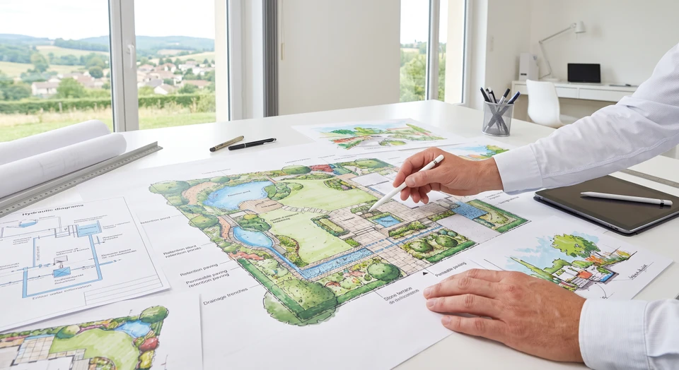 Photographie d'un plan d'aménagement paysager professionnel annotés sur une table de conception, montrant un jardin avec un système d'infiltration d'eau (bassins de rétention, zones perméables, tranchées drainantes) intégré harmonieusement à un design paysager comprenant plantations, terrasses et allées. Des mains professionnelles de paysagiste pointent ou manipulent le plan détaillé. À côté, schémas techniques de gestion hydraulique et croquis paysagers colorés. Environnement de bureau de conception moderne avec plans étalés, stylos, tablette graphique, illustrant le savoir-faire technique alliant hydraulique et création esthétique.