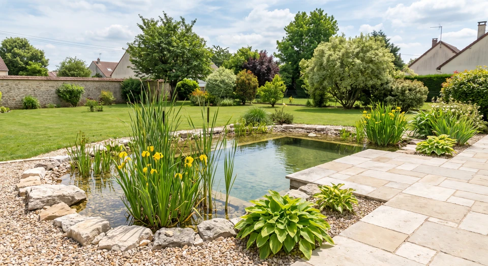 Jardin résidentiel aménagé avec système de phytoépuration visible : bassin naturel peu profond bordé de pierres et rocailles, rempli d'eau claire, entouré de plantes aquatiques et de végétation dense (roseaux, iris d'eau, hostas). Terrasse en dalle de pierre calcaire adjacente au bassin. Pelouse entretenue en arrière-plan, arbustes et arbres ornementaux créant un paysage harmonieux et naturel. L'ensemble démontre l'intégration fonctionnelle et esthétique d'un système de traitement des eaux avec un aménagement paysager cohérent.