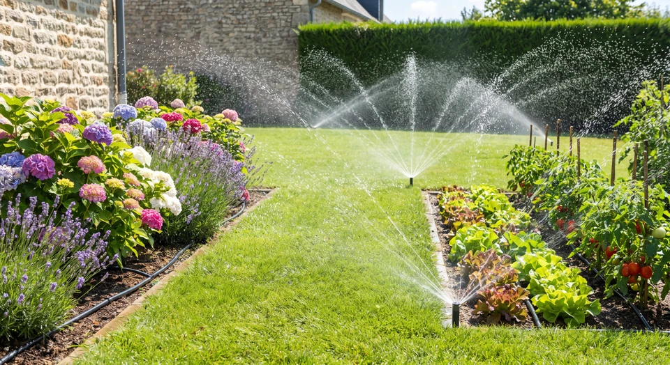 Gros plan détaillé sur un système d'irrigation automatique en fonctionnement dans un jardin résidentiel. Plusieurs goutte-à-goutte ou arroseurs rotatifs visibles sur une pelouse verte et luxuriante, avec des gouttes d'eau brillantes en suspension. À l'arrière-plan, un massif de fleurs colorées parfaitement arrosé et un potager avec des plants bien hydratés. Ciel bleu dégagé, lumière naturelle de jour, scène ensoleillée. La photo doit montrer clairement l'efficacité et la précision du système d'arrosage automatique dans un aménagement paysager professionnel.