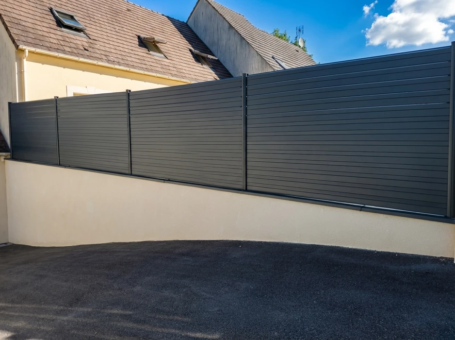 Clôture aluminium gris anthracite (RAL 7016) à lames horizontales occultantes, installée sur muret en béton enduit blanc
