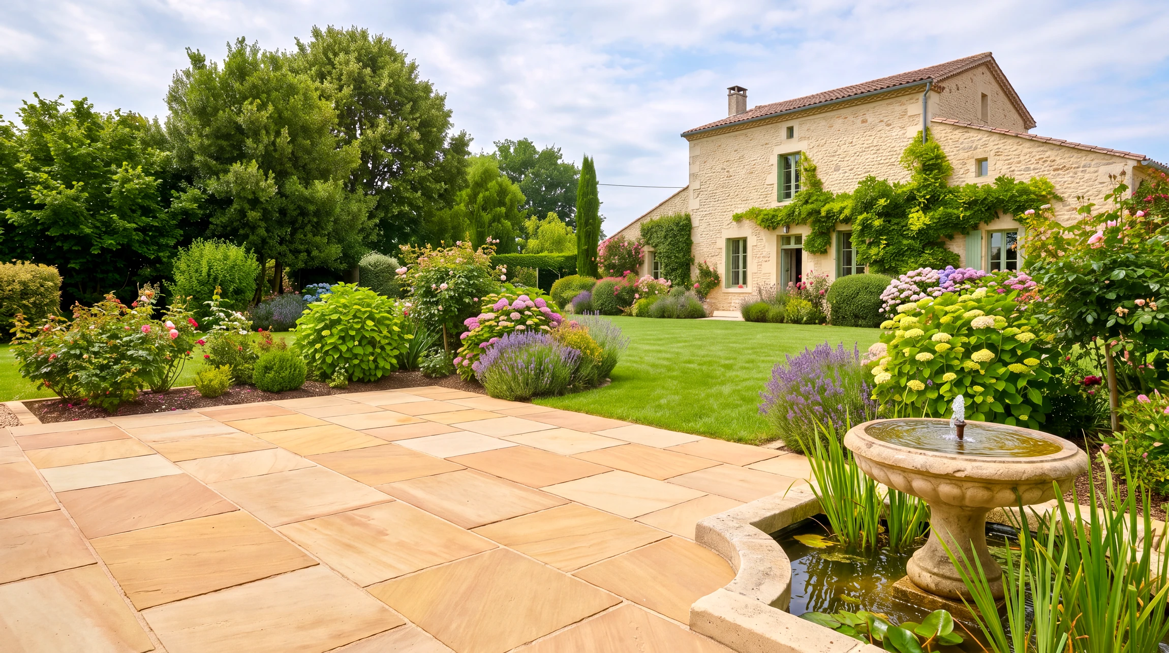 Photographie en grand angle d'une réalisation paysagère complète : jardin résidentiel soigné montrant l'intégration harmonieuse de plusieurs services de l'entreprise. Au premier plan, une terrasse en pierre naturelle bien jointoyée adjointe à un bassin ornemental avec système d'eau en fontaine. En arrière-plan, une maison de caractère en pierre avec végétation grimpante, entourée de massifs fleuris variés et d'une pelouse tondue impeccablement. Lumière naturelle douce mettant en valeur les textures des matériaux (pierre, végétation) et les couleurs des plantations. Ciel partiellement bleu, atmosphère printanière ou estivale. Composition équilibrée montrant professionnalisme, créativité et souci du détail.
