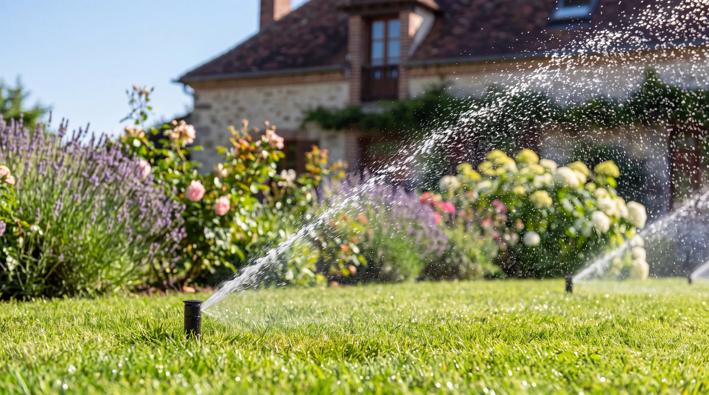 Gros plan d'un système d'arrosage automatique en action dans un jardin résidentiel en milieu de jour. Vue rapprochée des têtes de gicleur intégrées au sol dispersant l'eau en jet régulier sur une pelouse verte et luxuriante. Massifs fleuris flous en arrière-plan. Mise au point nette sur les gouttes d'eau en suspension. Lumière naturelle ensoleillée mettant en valeur le système fonctionnel et l'efficacité de l'arrosage. Image professionnelle de qualité hauts standards illustrant la modernité et l'automatisation.