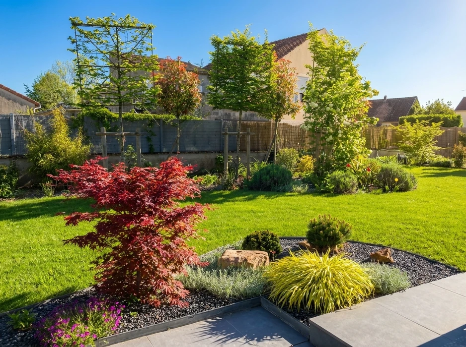Jardin sec contemporain aménagé avec graviers roses et galets ronds gris