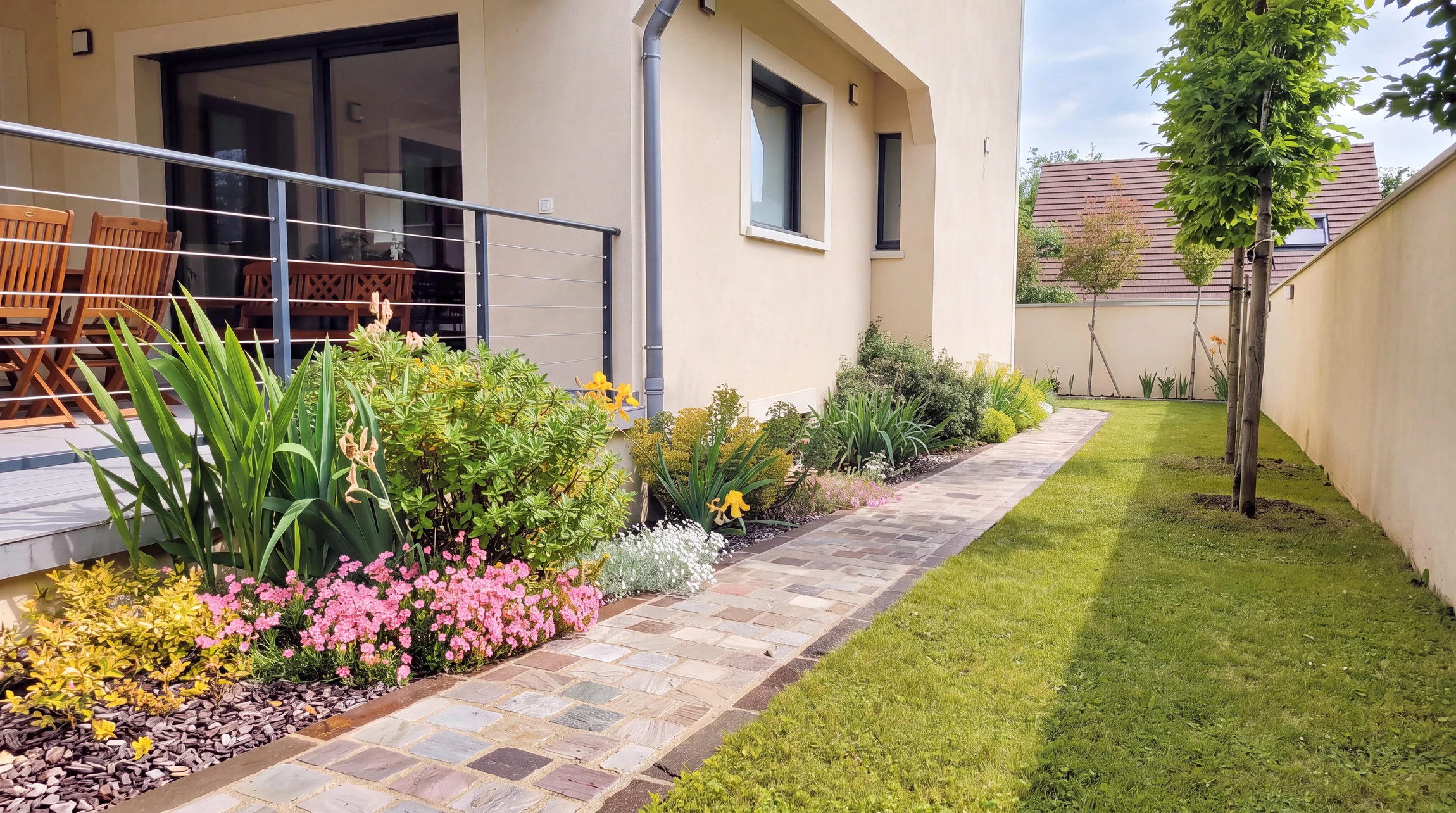 Aménagement extérieur moderne avec escaliers en béton et pierre naturelle menant à l'entrée d'une maison contemporaine