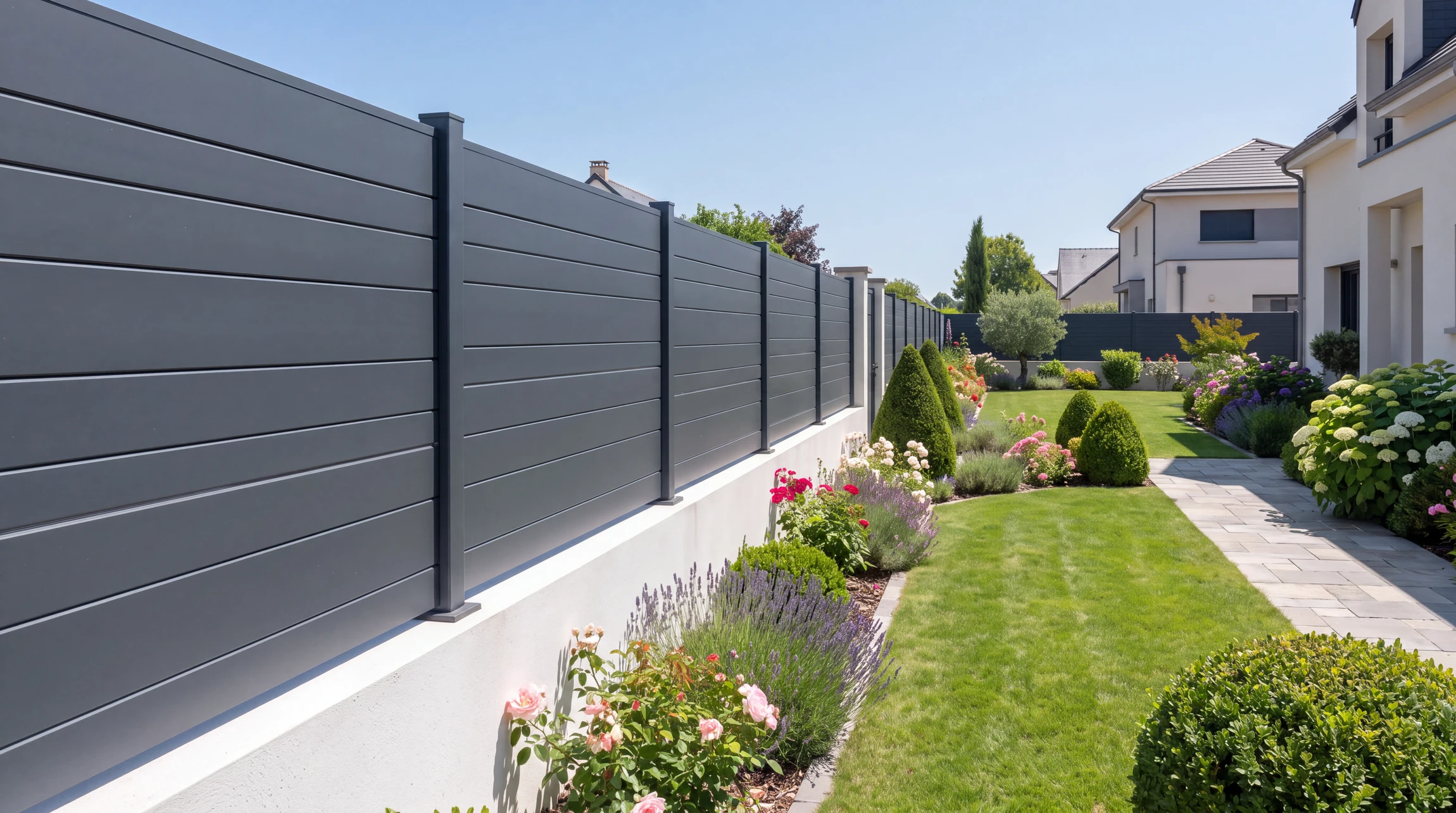 Portail coulissant résidentiel en aluminium anthracite installé entre piliers maçonnés blancs