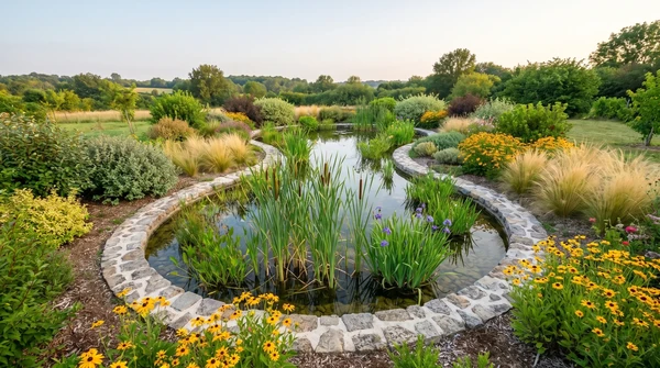 Cascade artificielle en terrasses avec chutes d'eau successives dans un jardin paysager