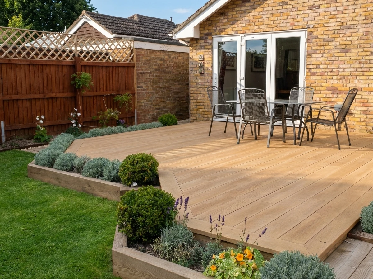 Jardin résidentiel soigné avec pelouse synthétique ou naturelle parfaitement entretenue